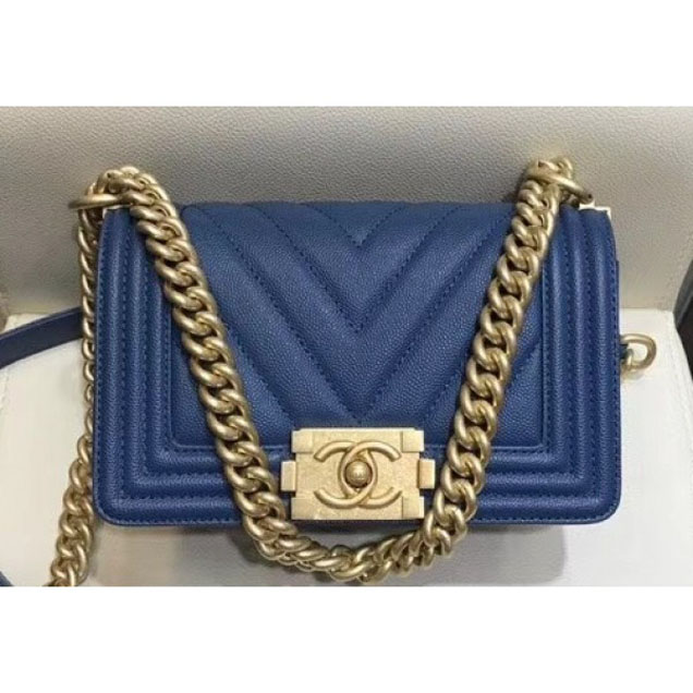 Chanel Small Caviar Leather Chevron Boy Flap Shoulder Bag Royal Blue with Gold Hardware 2018