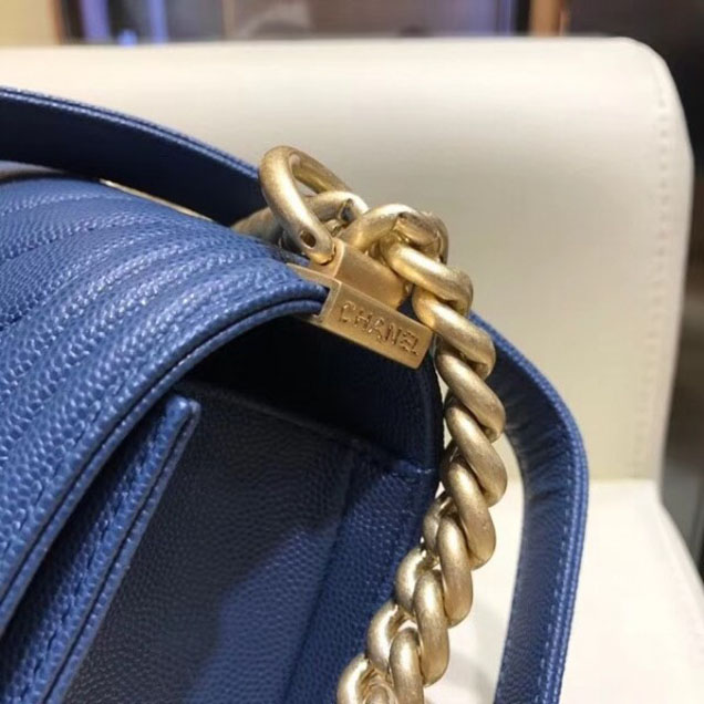 Chanel Small Caviar Leather Chevron Boy Flap Shoulder Bag Royal Blue with Gold Hardware 2018