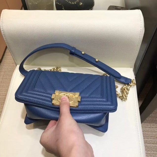 Chanel Small Caviar Leather Chevron Boy Flap Shoulder Bag Royal Blue with Gold Hardware 2018