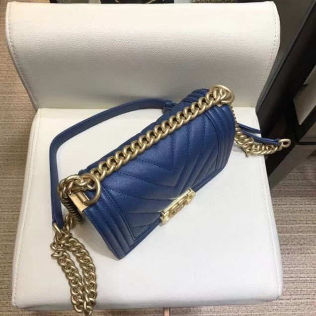 Chanel Small Caviar Leather Chevron Boy Flap Shoulder Bag Royal Blue with Gold Hardware 2018