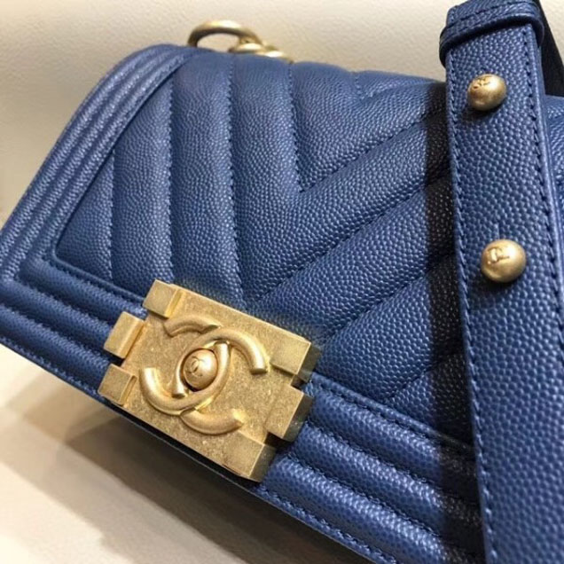 Chanel Small Caviar Leather Chevron Boy Flap Shoulder Bag Royal Blue with Gold Hardware 2018