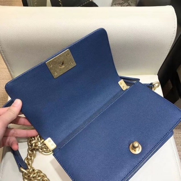 Chanel Small Caviar Leather Chevron Boy Flap Shoulder Bag Royal Blue with Gold Hardware 2018