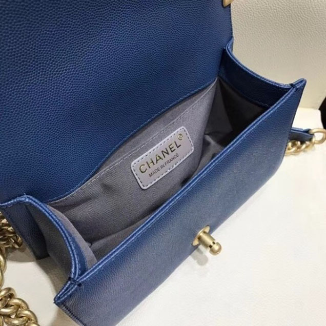 Chanel Small Caviar Leather Chevron Boy Flap Shoulder Bag Royal Blue with Gold Hardware 2018