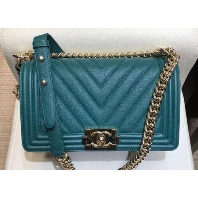 Chanel Medium Caviar Leather Chevron Boy Flap Shoulder Bag Emerald Green with Gold Hardware 2018