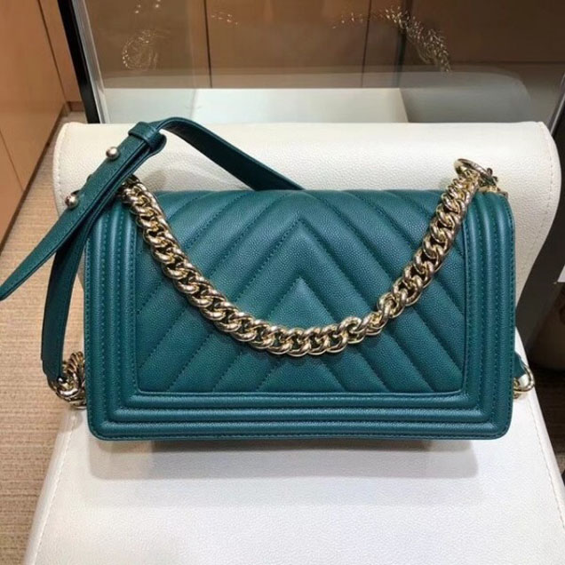 Chanel Medium Caviar Leather Chevron Boy Flap Shoulder Bag Emerald Green with Gold Hardware 2018
