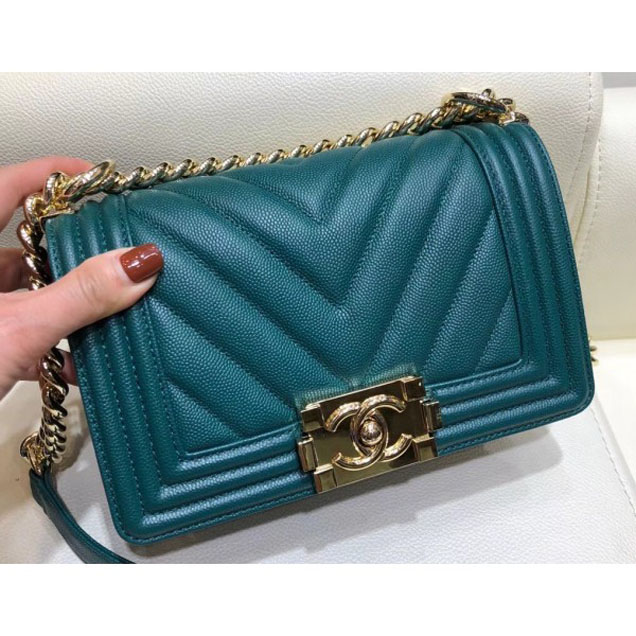 Chanel Small Caviar Leather Chevron Boy Flap Shoulder Bag Emerald Green with Gold Hardware 2018