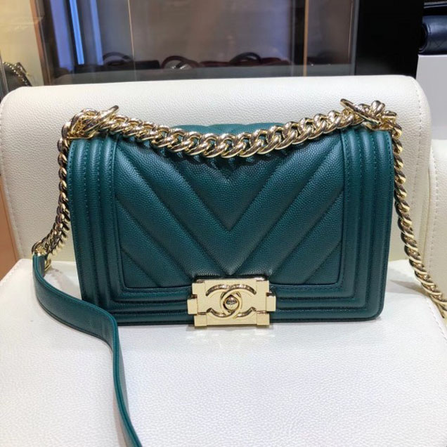 Chanel Small Caviar Leather Chevron Boy Flap Shoulder Bag Emerald Green with Gold Hardware 2018