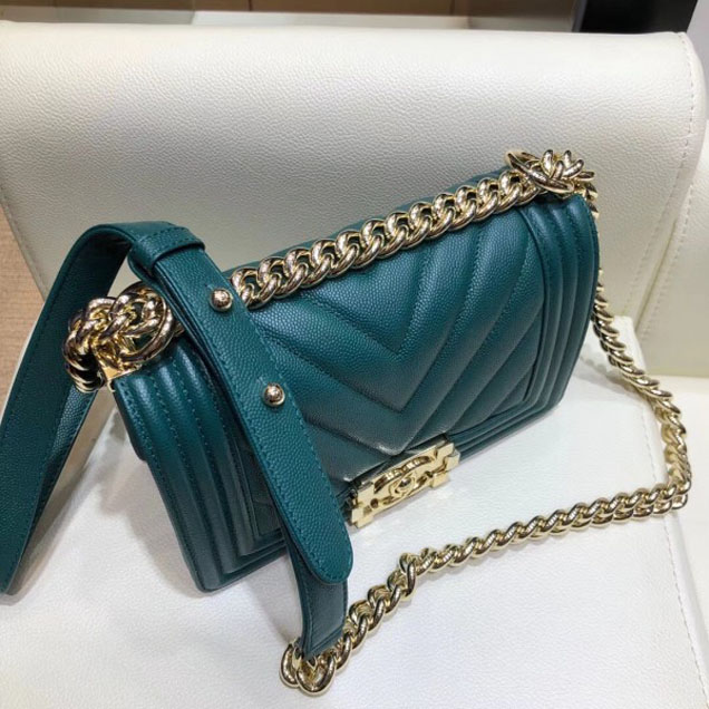Chanel Small Caviar Leather Chevron Boy Flap Shoulder Bag Emerald Green with Gold Hardware 2018