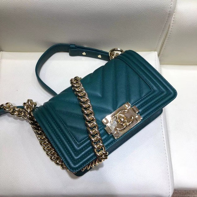 Chanel Small Caviar Leather Chevron Boy Flap Shoulder Bag Emerald Green with Gold Hardware 2018