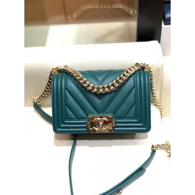 Chanel Small Caviar Leather Chevron Boy Flap Shoulder Bag Emerald Green with Gold Hardware 2018