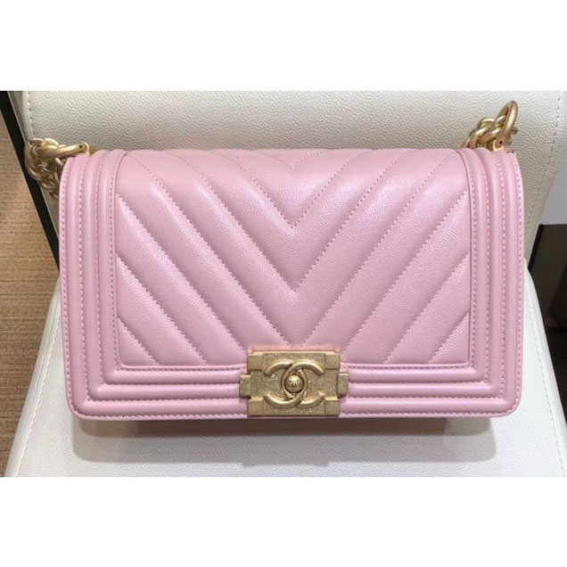 Chanel Medium Caviar Leather Chevron Boy Flap Shoulder Bag Light Pink with Gold Hardware 2018