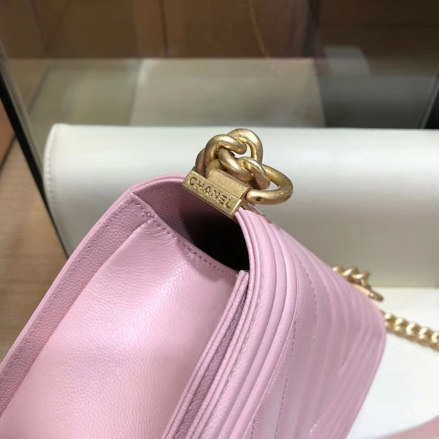 Chanel Medium Caviar Leather Chevron Boy Flap Shoulder Bag Light Pink with Gold Hardware 2018