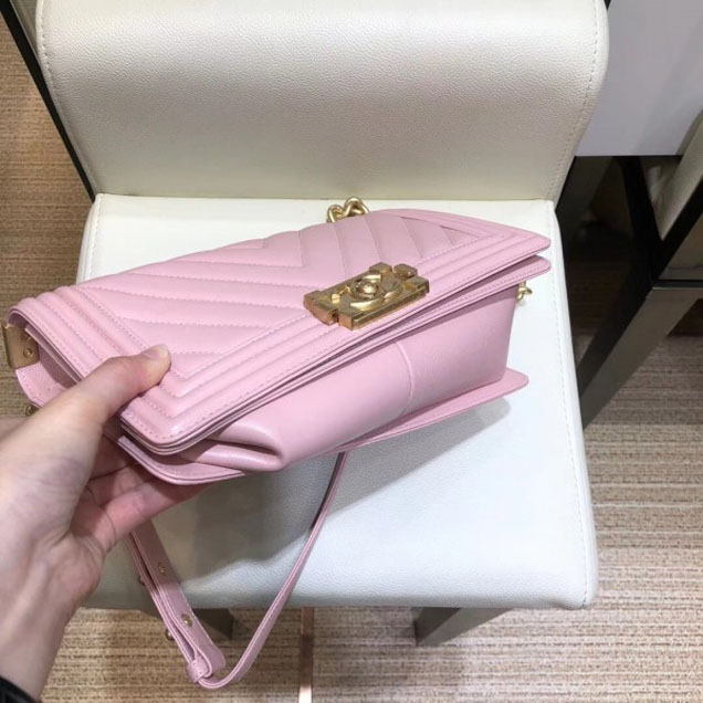 Chanel Medium Caviar Leather Chevron Boy Flap Shoulder Bag Light Pink with Gold Hardware 2018
