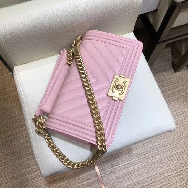 Chanel Medium Caviar Leather Chevron Boy Flap Shoulder Bag Light Pink with Gold Hardware 2018
