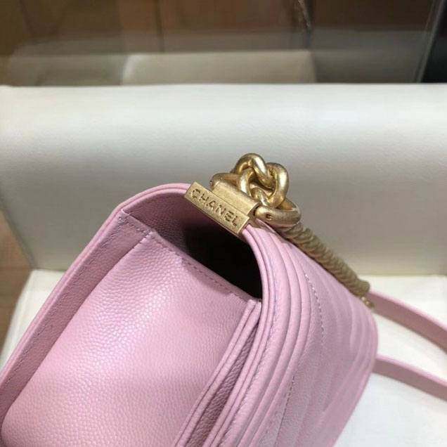 Chanel Small Caviar Leather Chevron Boy Flap Shoulder Bag Light Pink with Gold Hardware 2018
