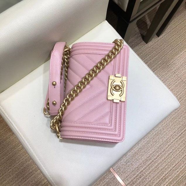 Chanel Small Caviar Leather Chevron Boy Flap Shoulder Bag Light Pink with Gold Hardware 2018