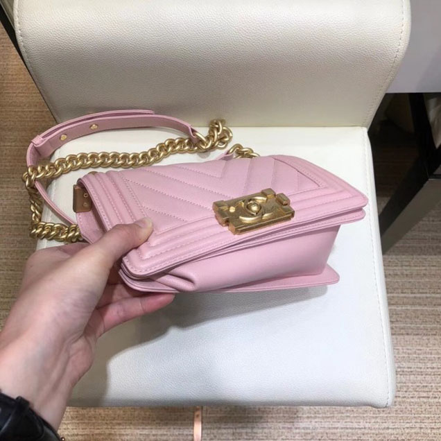 Chanel Small Caviar Leather Chevron Boy Flap Shoulder Bag Light Pink with Gold Hardware 2018