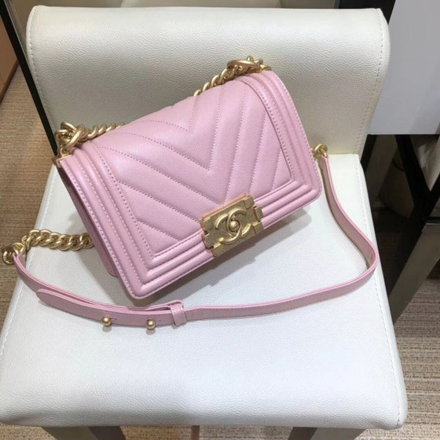 Chanel Small Caviar Leather Chevron Boy Flap Shoulder Bag Light Pink with Gold Hardware 2018