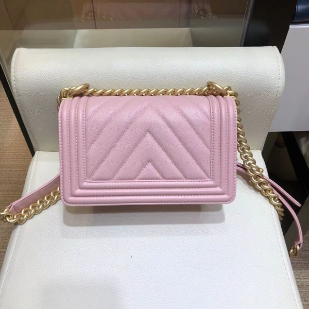 Chanel Small Caviar Leather Chevron Boy Flap Shoulder Bag Light Pink with Gold Hardware 2018