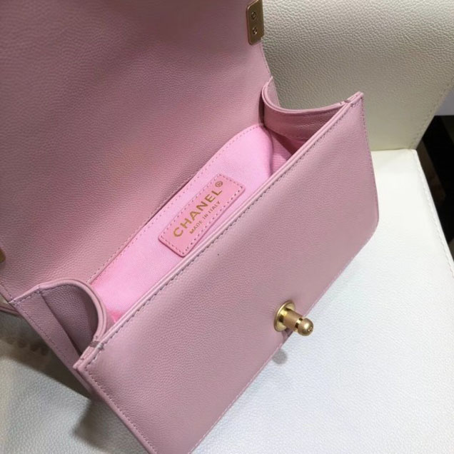 Chanel Small Caviar Leather Chevron Boy Flap Shoulder Bag Light Pink with Gold Hardware 2018