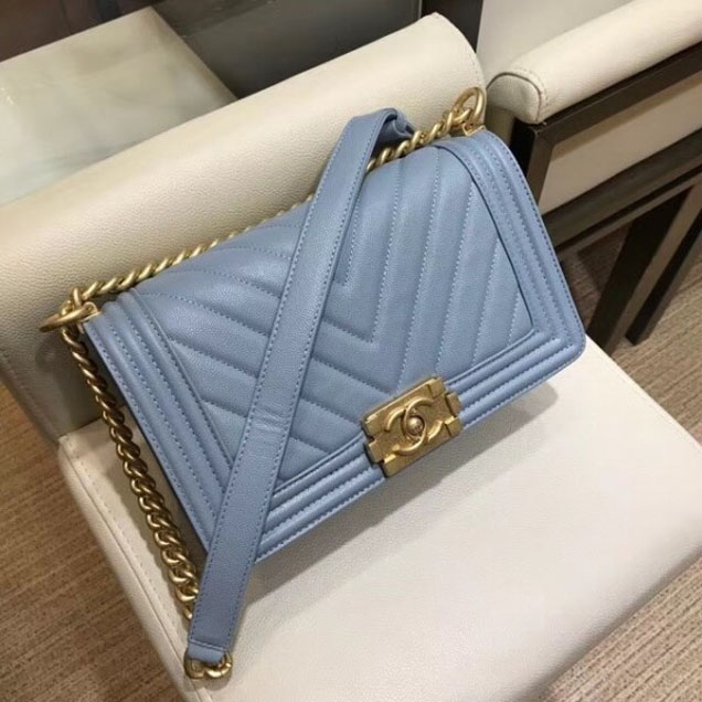 Chanel Medium Caviar Leather Chevron Boy Flap Shoulder Bag Light Gray with Gold Hardware 2018