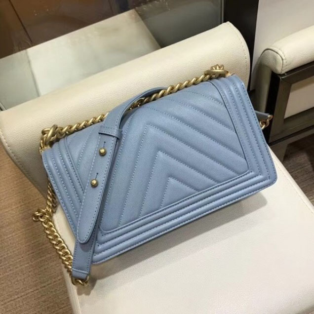 Chanel Medium Caviar Leather Chevron Boy Flap Shoulder Bag Light Gray with Gold Hardware 2018