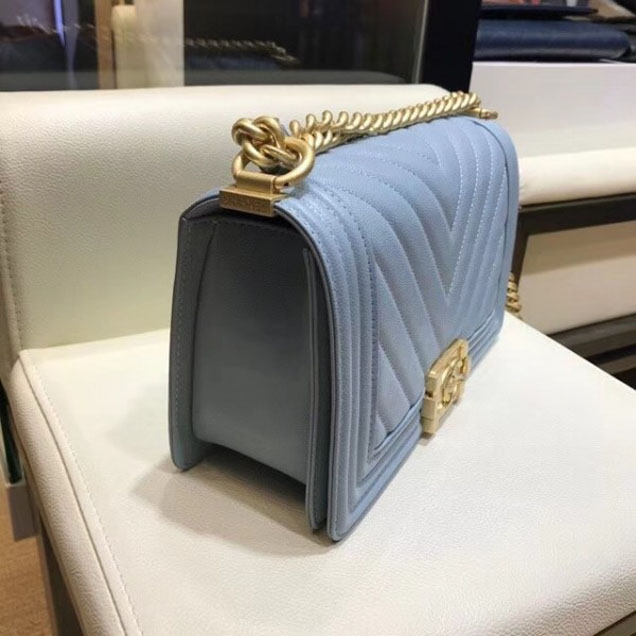 Chanel Medium Caviar Leather Chevron Boy Flap Shoulder Bag Light Gray with Gold Hardware 2018
