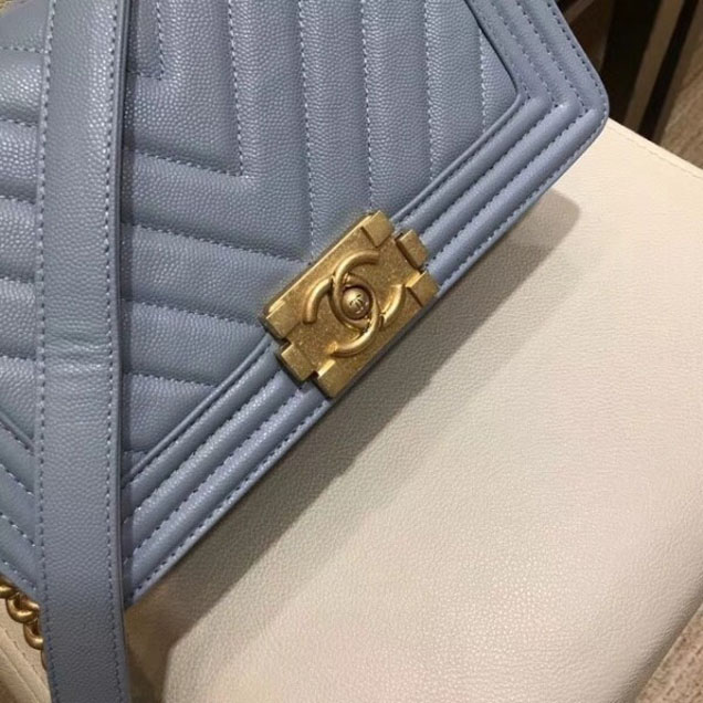 Chanel Medium Caviar Leather Chevron Boy Flap Shoulder Bag Light Gray with Gold Hardware 2018