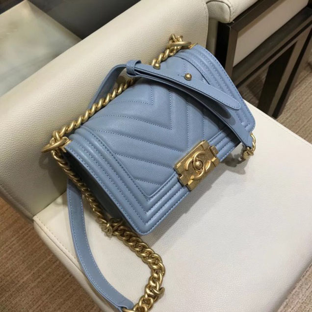 Chanel Small Caviar Leather Chevron Boy Flap Shoulder Bag Light Gray with Gold Hardware 2018