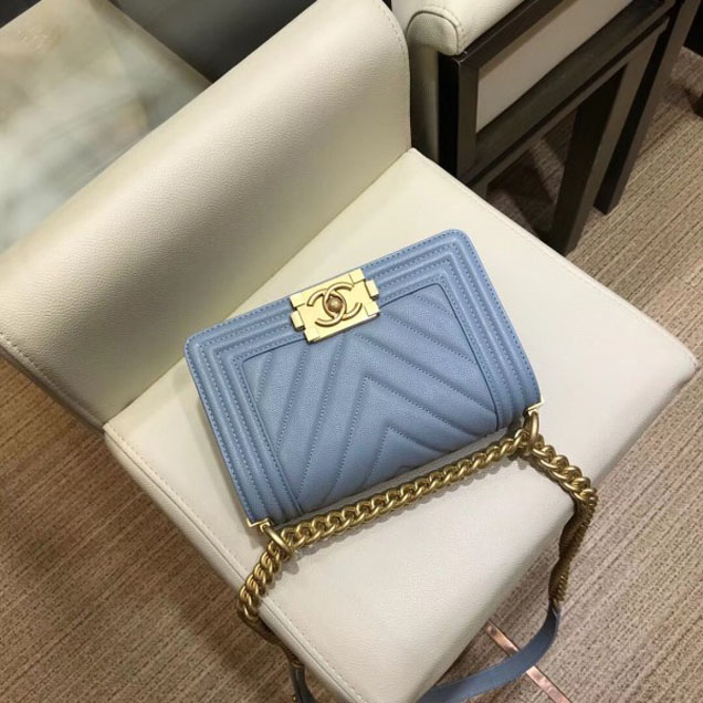 Chanel Small Caviar Leather Chevron Boy Flap Shoulder Bag Light Gray with Gold Hardware 2018