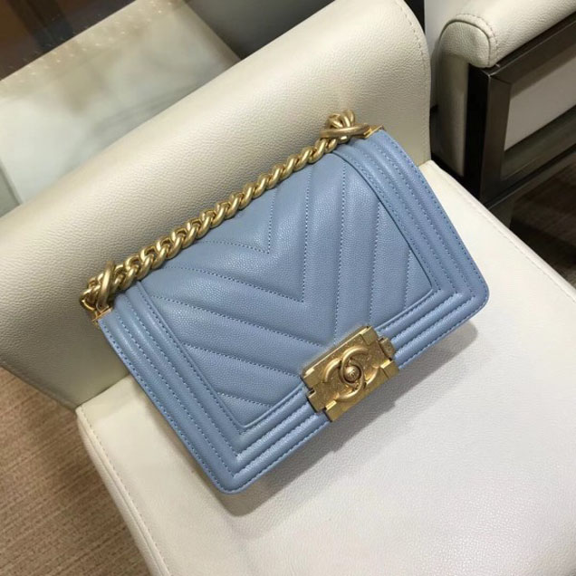 Chanel Small Caviar Leather Chevron Boy Flap Shoulder Bag Light Gray with Gold Hardware 2018