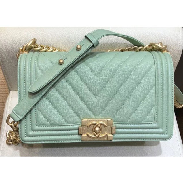 Chanel Medium Caviar Leather Chevron Boy Flap Shoulder Bag Light Green with Gold Hardware 2018