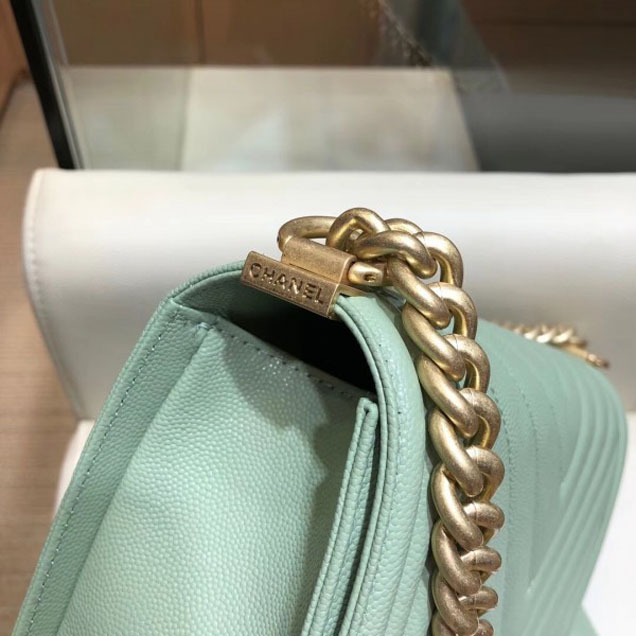 Chanel Medium Caviar Leather Chevron Boy Flap Shoulder Bag Light Green with Gold Hardware 2018
