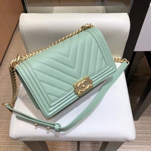 Chanel Medium Caviar Leather Chevron Boy Flap Shoulder Bag Light Green with Gold Hardware 2018