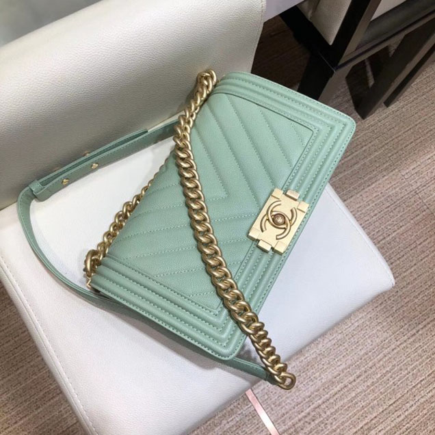 Chanel Medium Caviar Leather Chevron Boy Flap Shoulder Bag Light Green with Gold Hardware 2018