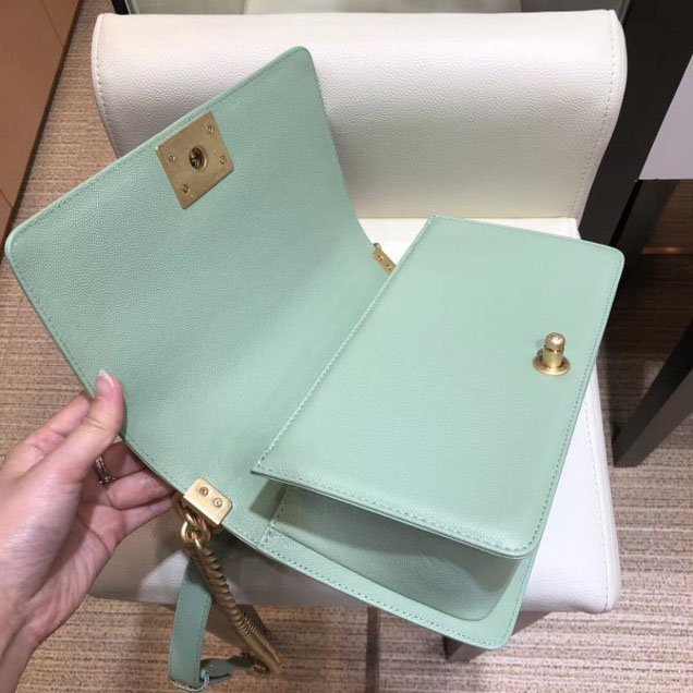 Chanel Medium Caviar Leather Chevron Boy Flap Shoulder Bag Light Green with Gold Hardware 2018