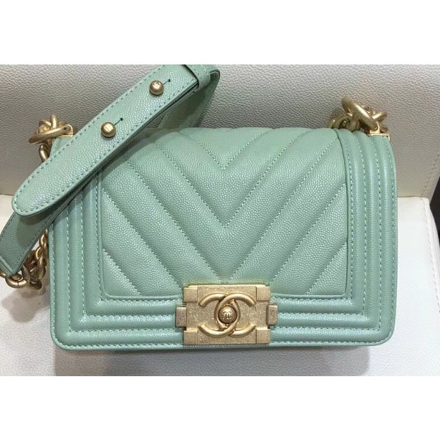 Chanel Small Caviar Leather Chevron Boy Flap Shoulder Bag Light Green with Gold Hardware 2018