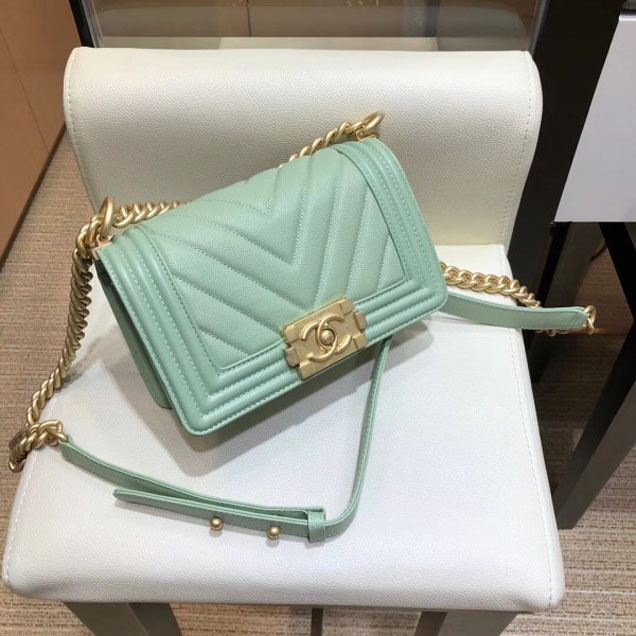 Chanel Small Caviar Leather Chevron Boy Flap Shoulder Bag Light Green with Gold Hardware 2018
