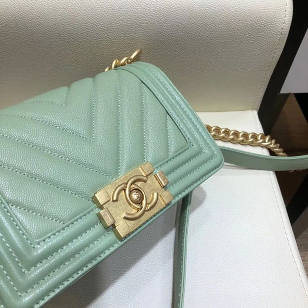 Chanel Small Caviar Leather Chevron Boy Flap Shoulder Bag Light Green with Gold Hardware 2018