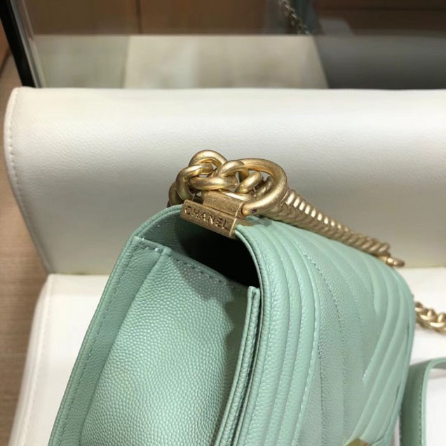 Chanel Small Caviar Leather Chevron Boy Flap Shoulder Bag Light Green with Gold Hardware 2018