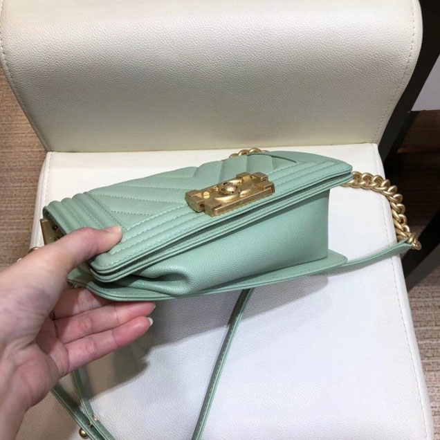 Chanel Small Caviar Leather Chevron Boy Flap Shoulder Bag Light Green with Gold Hardware 2018