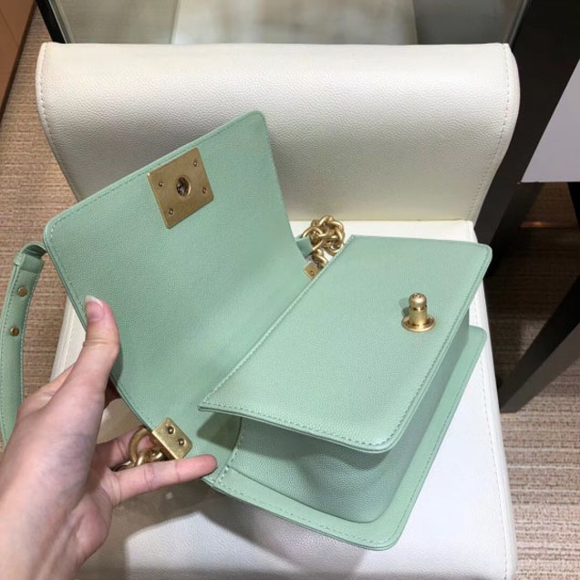 Chanel Small Caviar Leather Chevron Boy Flap Shoulder Bag Light Green with Gold Hardware 2018