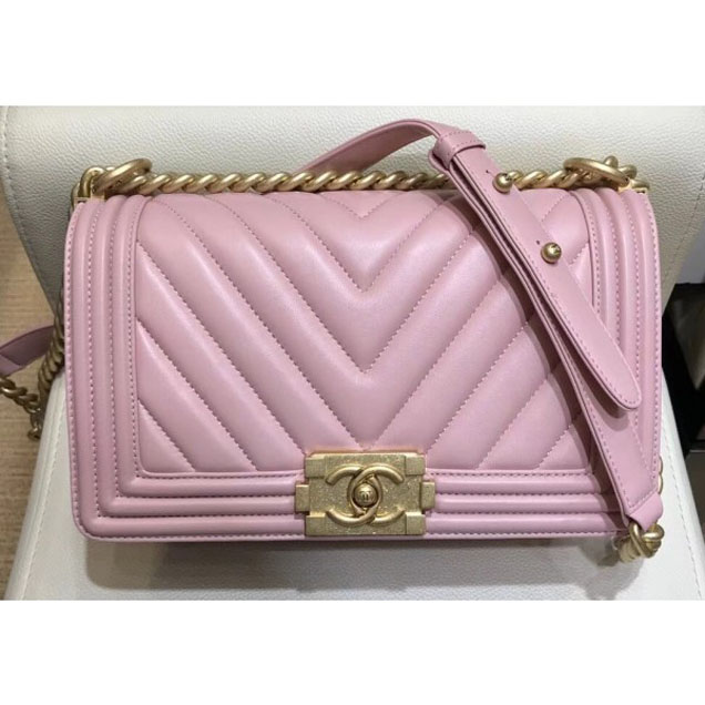 Chanel Medium Lambskin Chevron Boy Flap Shoulder Bag Light Pink with Gold Hardware 2018
