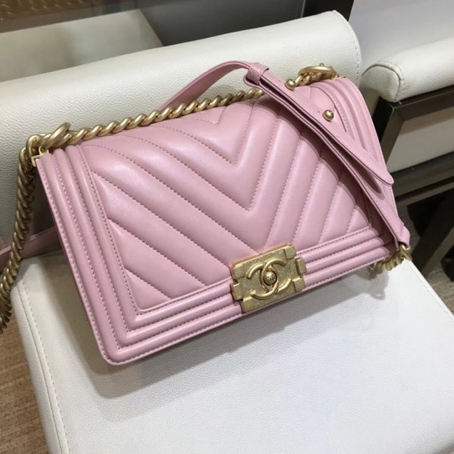 Chanel Medium Lambskin Chevron Boy Flap Shoulder Bag Light Pink with Gold Hardware 2018