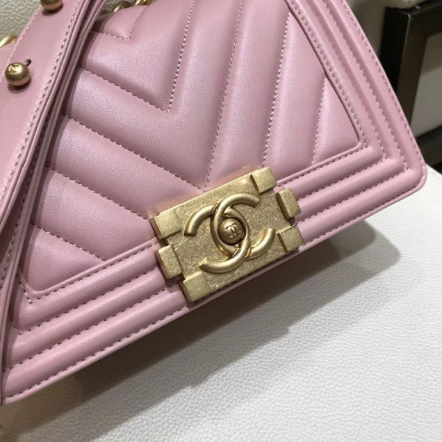 Chanel Small Lambskin Chevron Boy Flap Shoulder Bag Light Pink with Gold Hardware 2018
