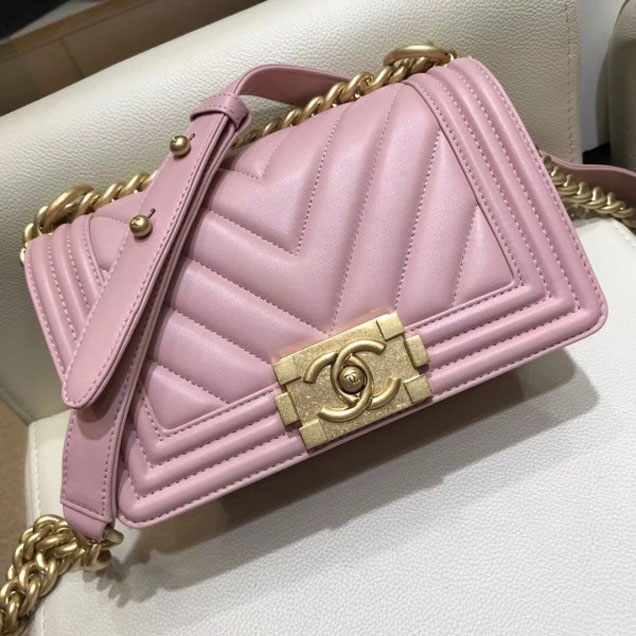 Chanel Small Lambskin Chevron Boy Flap Shoulder Bag Light Pink with Gold Hardware 2018