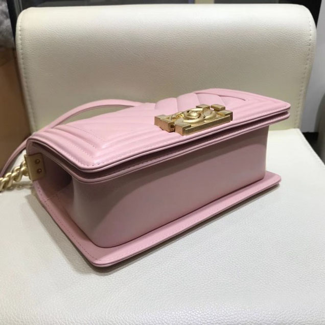 Chanel Small Lambskin Chevron Boy Flap Shoulder Bag Light Pink with Gold Hardware 2018