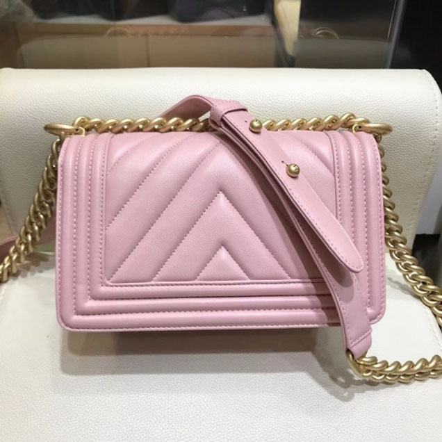 Chanel Small Lambskin Chevron Boy Flap Shoulder Bag Light Pink with Gold Hardware 2018