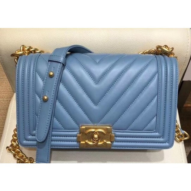 Chanel Medium Lambskin Chevron Boy Flap Shoulder Bag Denim Blue with Gold Hardware 2018