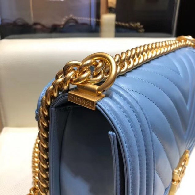 Chanel Medium Lambskin Chevron Boy Flap Shoulder Bag Denim Blue with Gold Hardware 2018